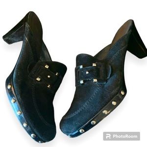 Stuart Weitzman Black Suede Mules/ Clogs with Buckle and Studs- size 9